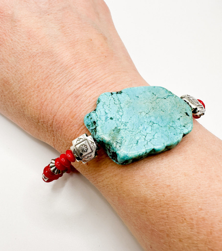 Prickly Cactus Bracelet Red Coral Turquoise Slab Bracelet Product Tag